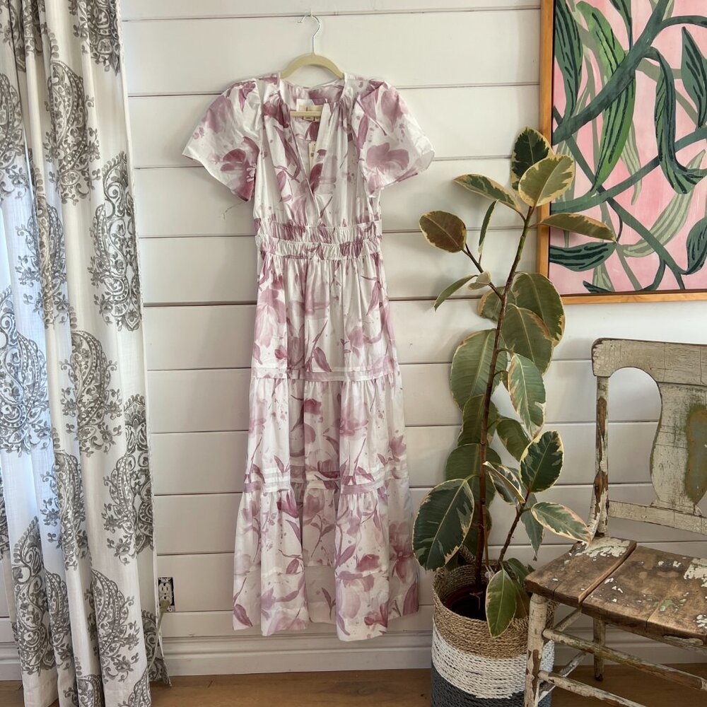 Anthropologie White Maxi Dress with Blush Floral Print